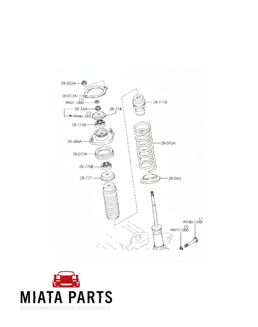 Genuine Mazda MX5 NB front and rear suspension dust boot diagram from Miata Parts NZ for 1998-2005 models.
