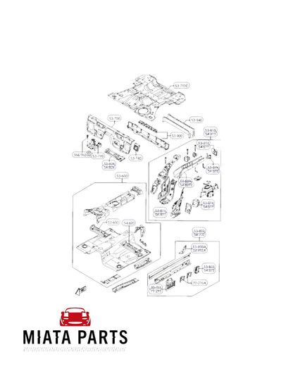 Genuine Mazda MX5 NC front right-hand underbody brace rail diagram from Miata Parts NZ for 2005-2015 models.